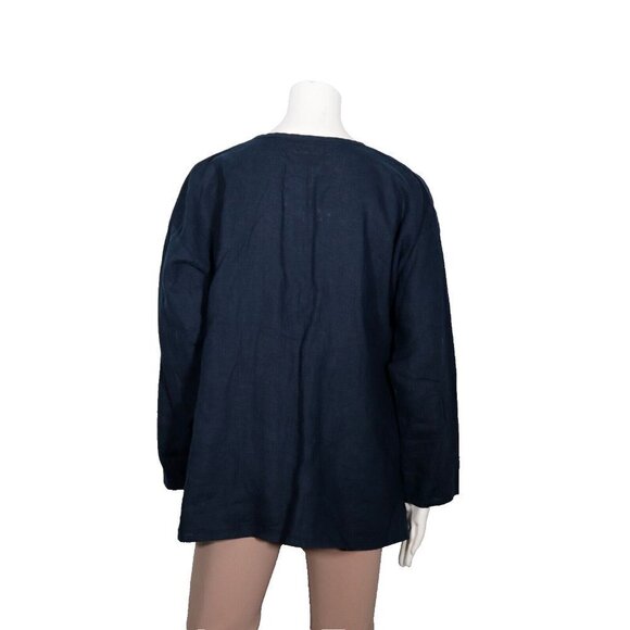 Flax Women's Size Medium Navy Blue Tunic Linen 4 Button Blouse Long Sleeve Shirt - Picture 8 of 9